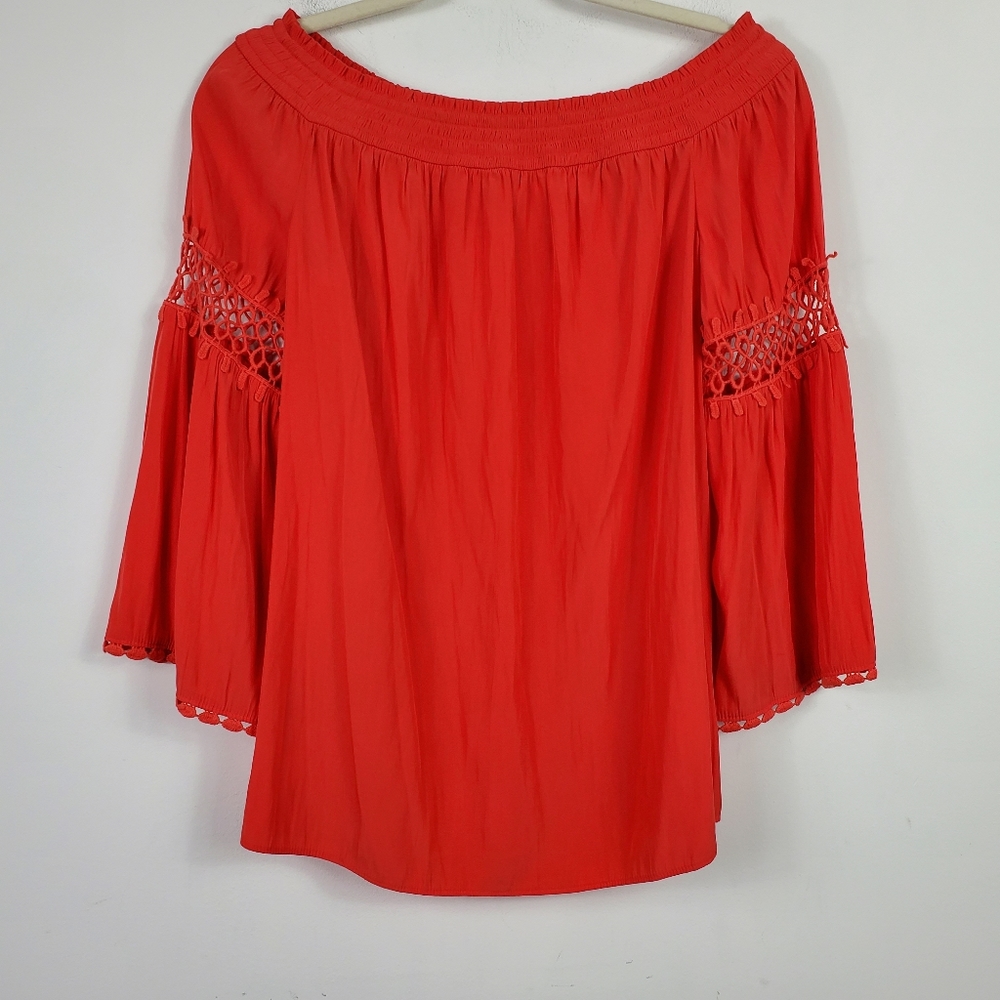 Chicos Bright Reddish Orange Smocked Off the Shoulder Bell Sleeve Blouse Size 4